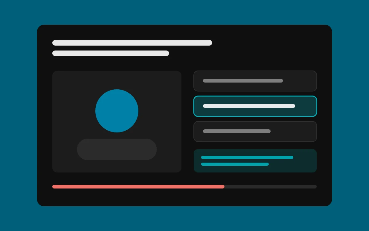 Illustration of a module screen showing a question, options and a feedback panel
