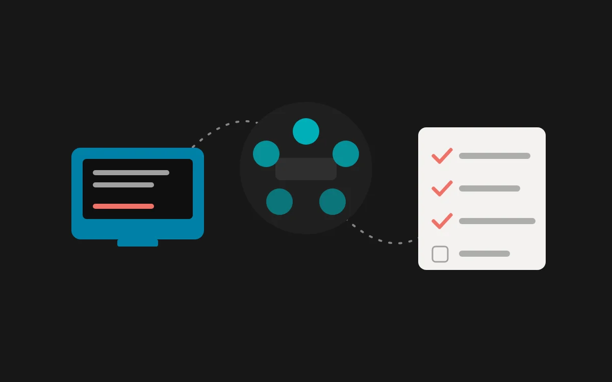 Illustration of a learning path linking a screen, a group session and a checklist