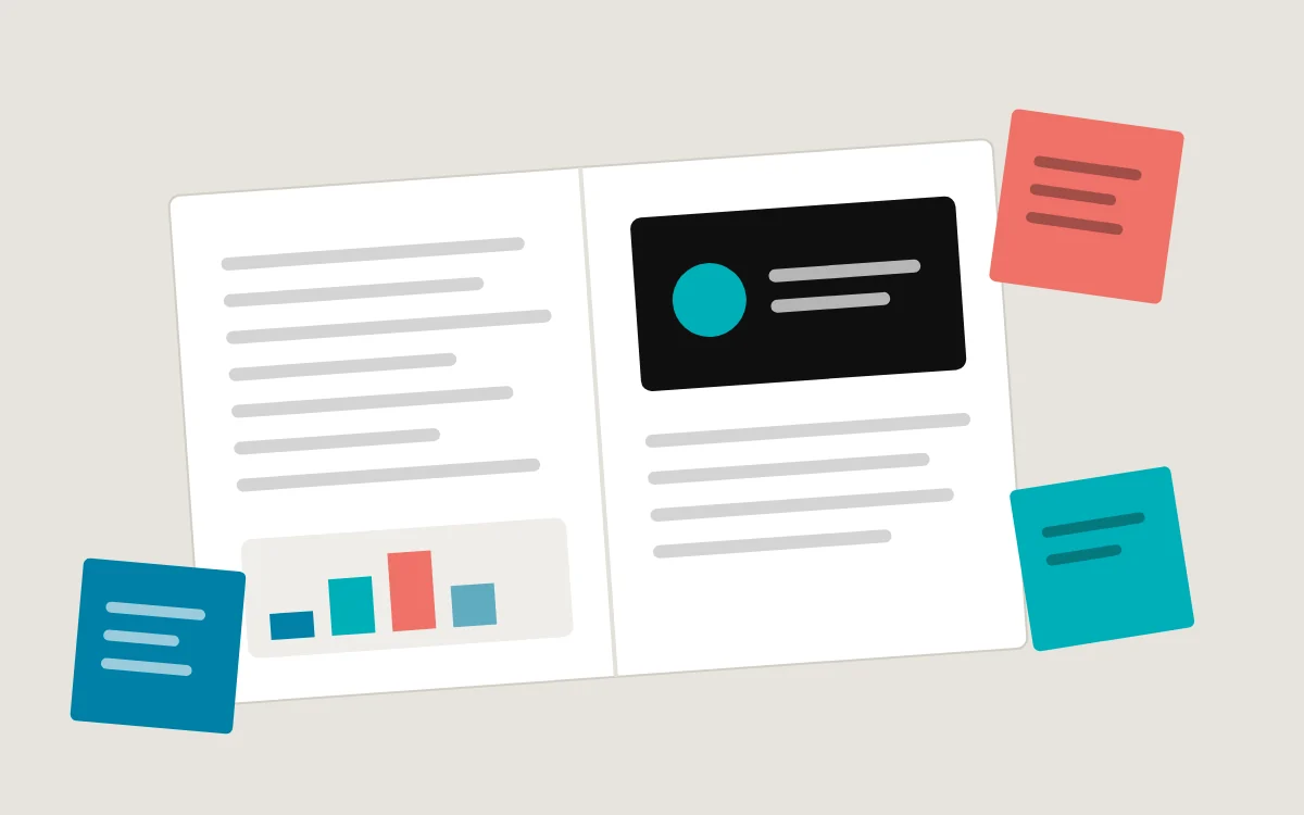 Illustration of an open workbook, a slide and sticky notes